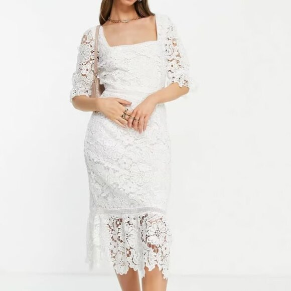 BB Dakota Square Neck Short Sleeve Lace Midi Dress - White - size 0 - Picture 8 of 8